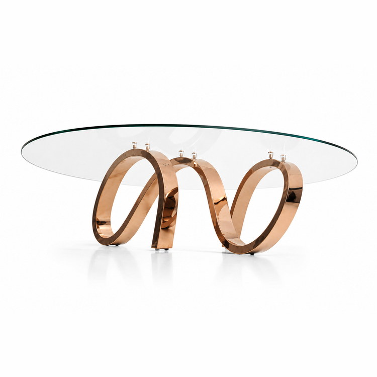 Apate Coffee Table shown in an eclectic living room with a transparent glass top and copper metal base.