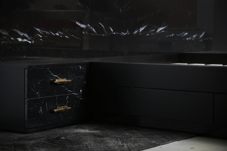 Scandinavian modern luxury bed in marble and black ash veneer.