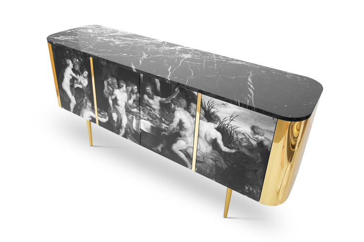 Designer sideboard with printed Flemish painting and golden brass structure.