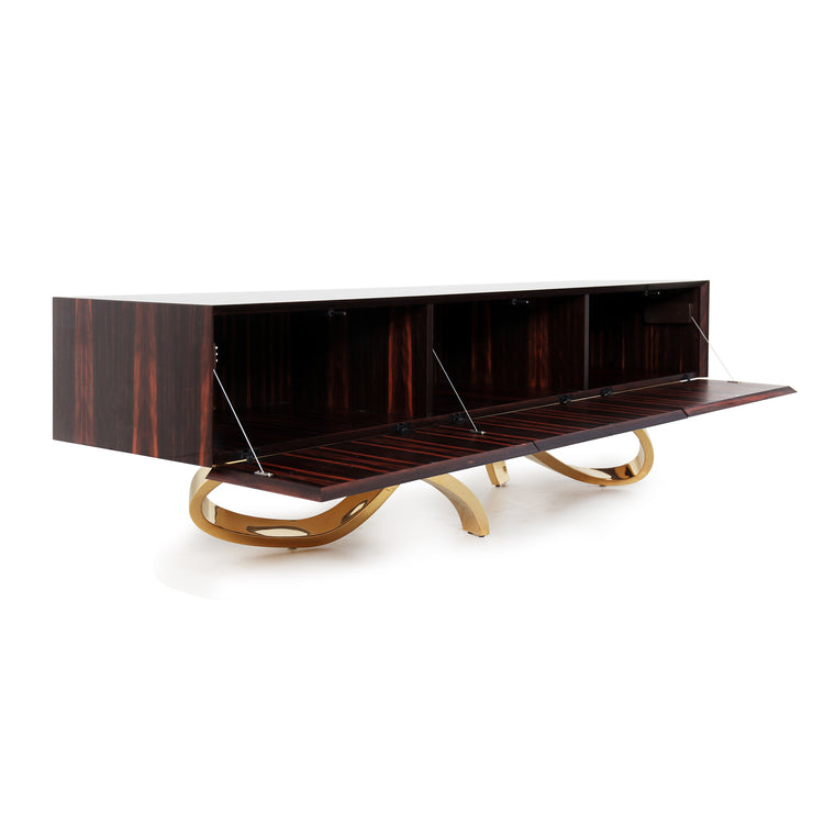 Contemporary sideboard in ebony veneer with gold ribbon-style base and sleek design