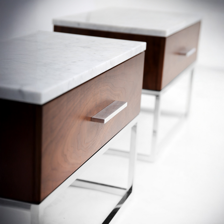 Close-up of Carrara marble surface on JOKLA Nightstand with subtle grey veining