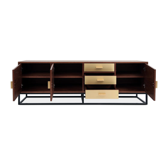 Contemporary walnut storage sideboard with brushed brass handles