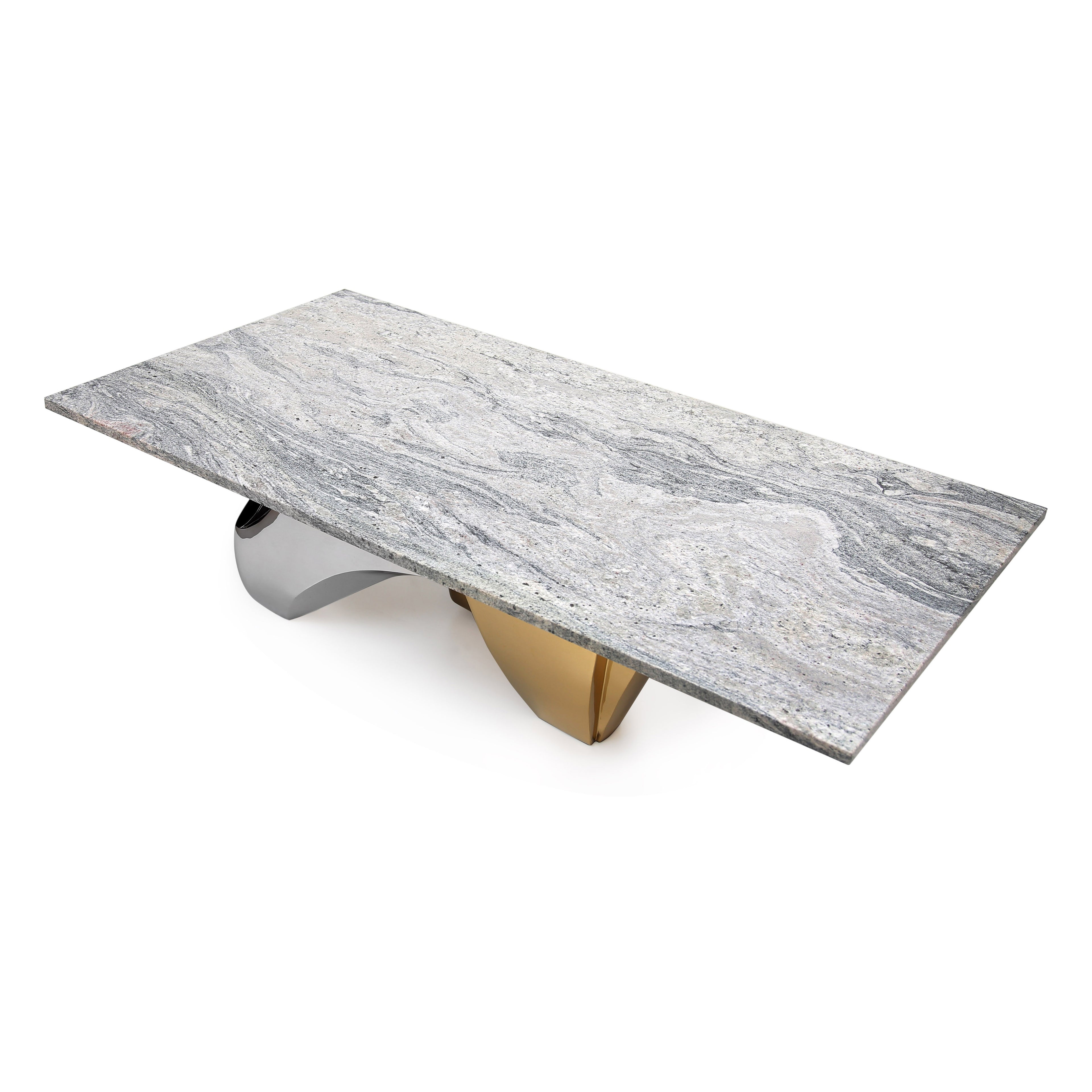 Dual-tone gold and polished steel sculptural base coffee table.