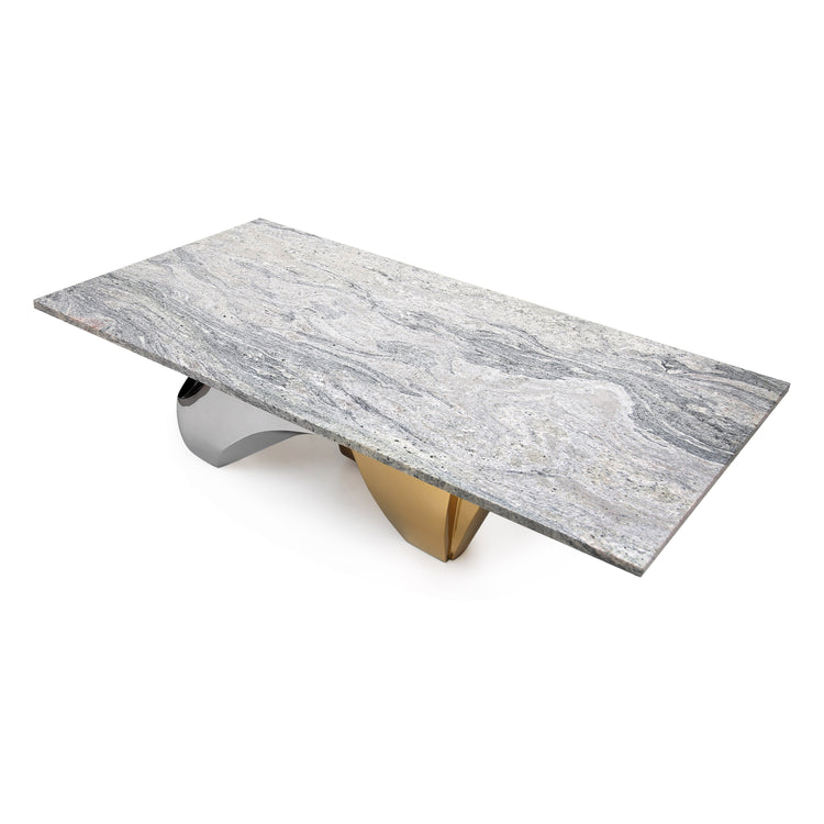 Dual-tone gold and polished steel sculptural base coffee table.