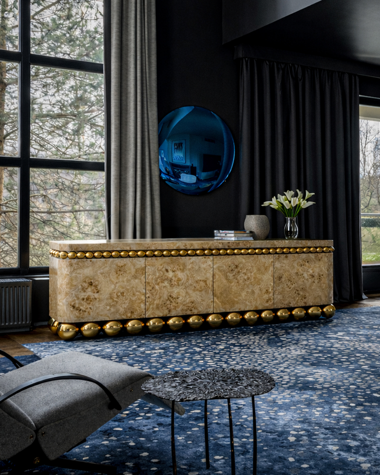 Handcrafted poplar burl sideboard with satin finish and luminous metal spheres.