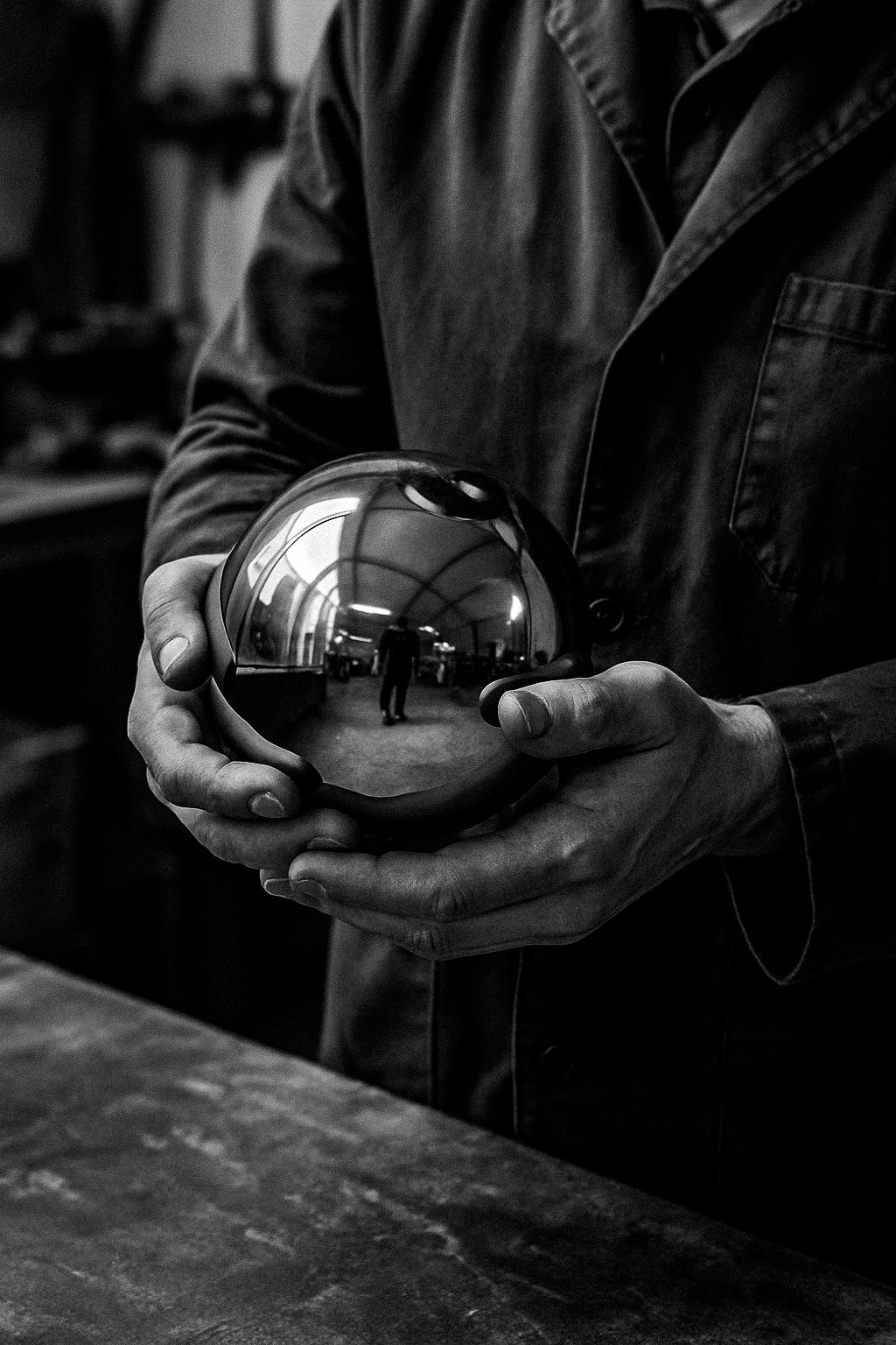 Person holding a reflective metal ball with a blurred indoor background