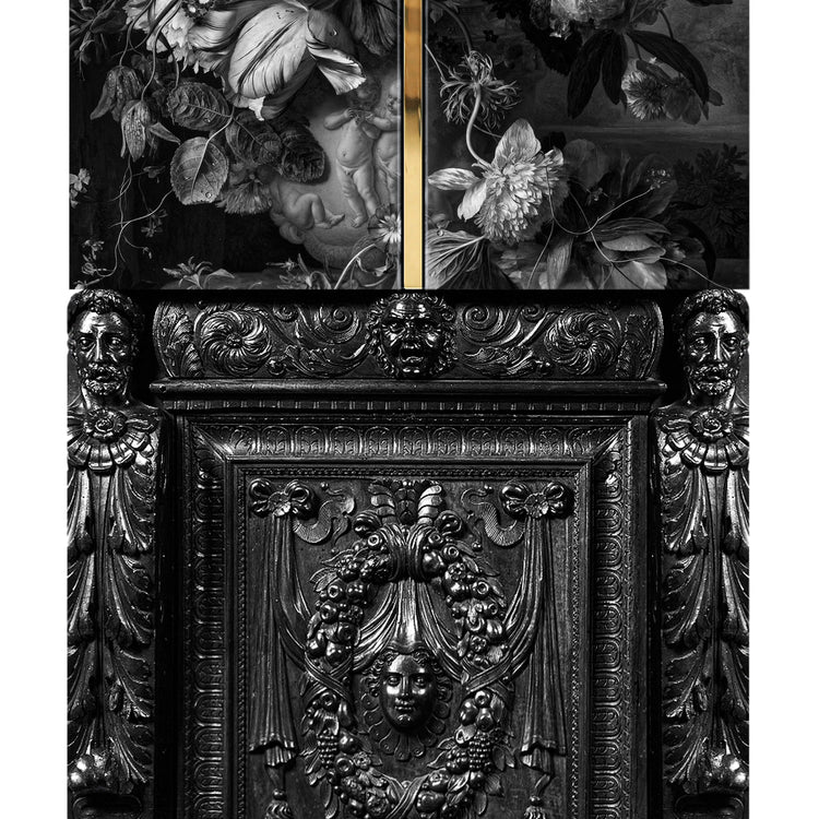 Luxury black drink cabinet with Renaissance-inspired carving and polished brass details.