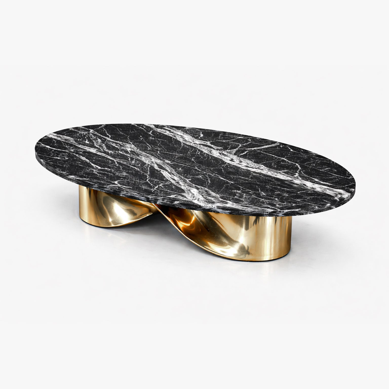 Luxury marble dining table with sculptural molten-form gold stainless steel base, Radiance 2026 collection.