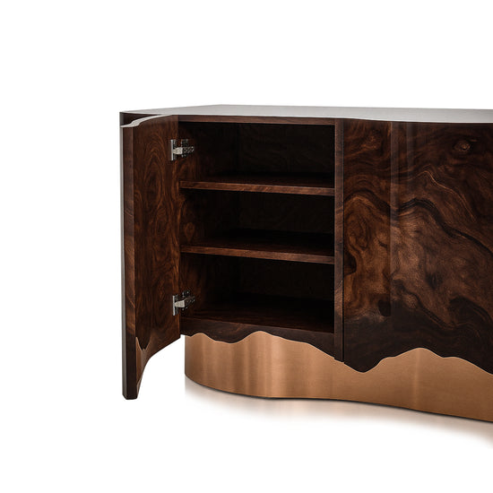 Modern sideboard handcrafted from walnut burl veneer and polished copper.