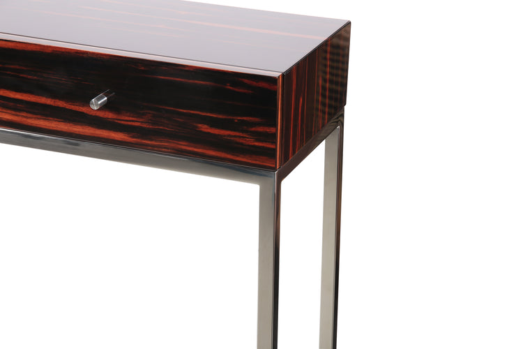 High-end hallway console in dark striped ebony finish