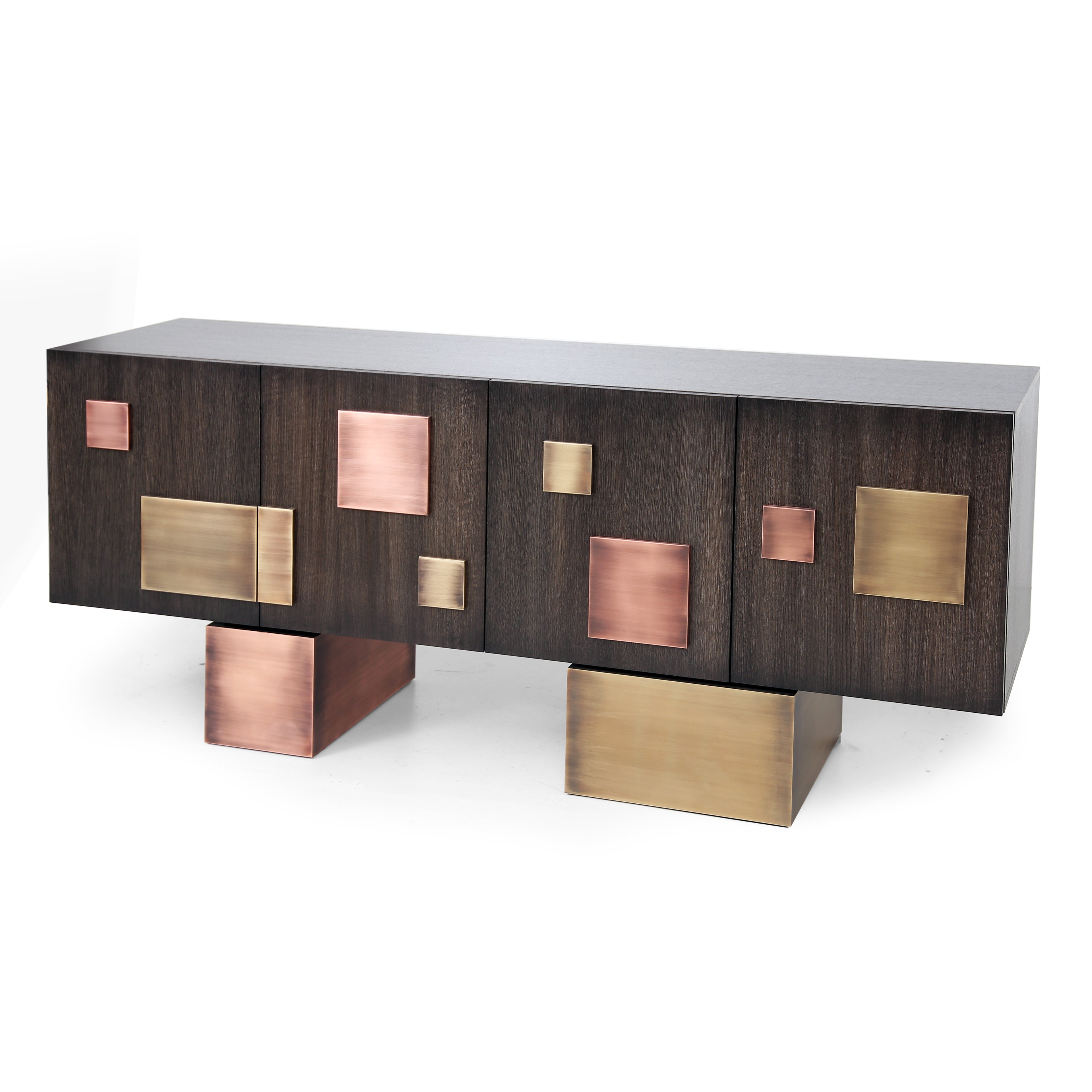 Close-up of Echo Sideboard showing brushed copper square detail on oak veneer surface.