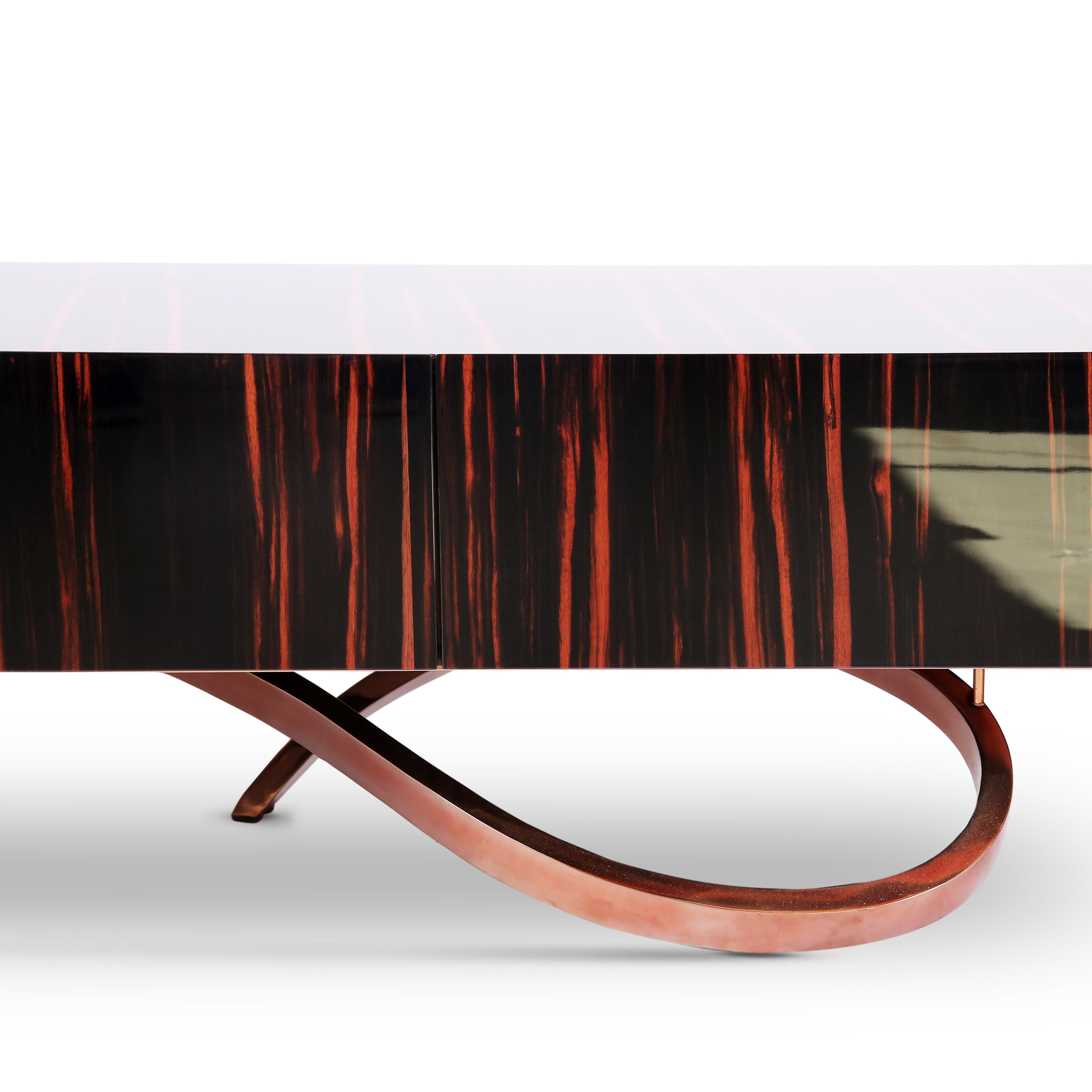 Handcrafted sideboard with copper-plated stainless steel base and rich ebony finish