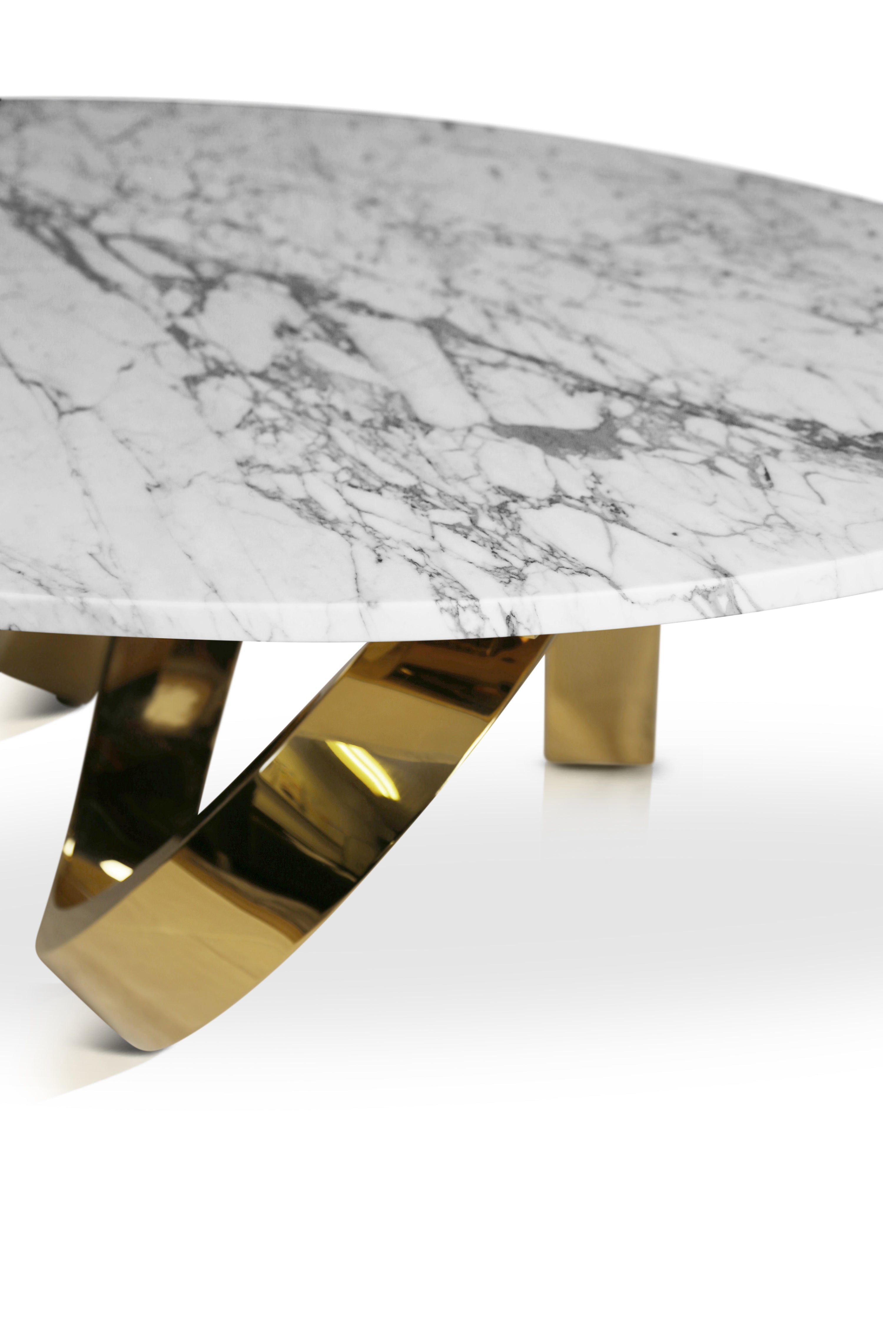 Calacatta marble coffee table with mirror-polished gold stainless steel base.