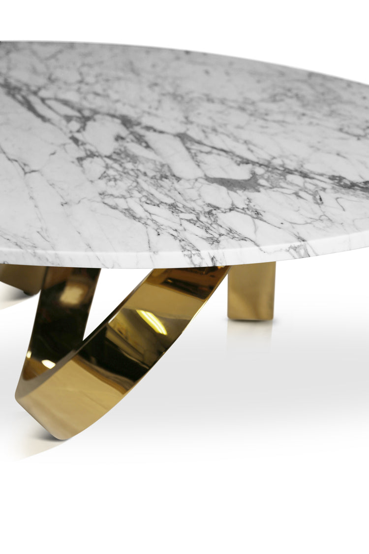 Calacatta marble coffee table with mirror-polished gold stainless steel base.