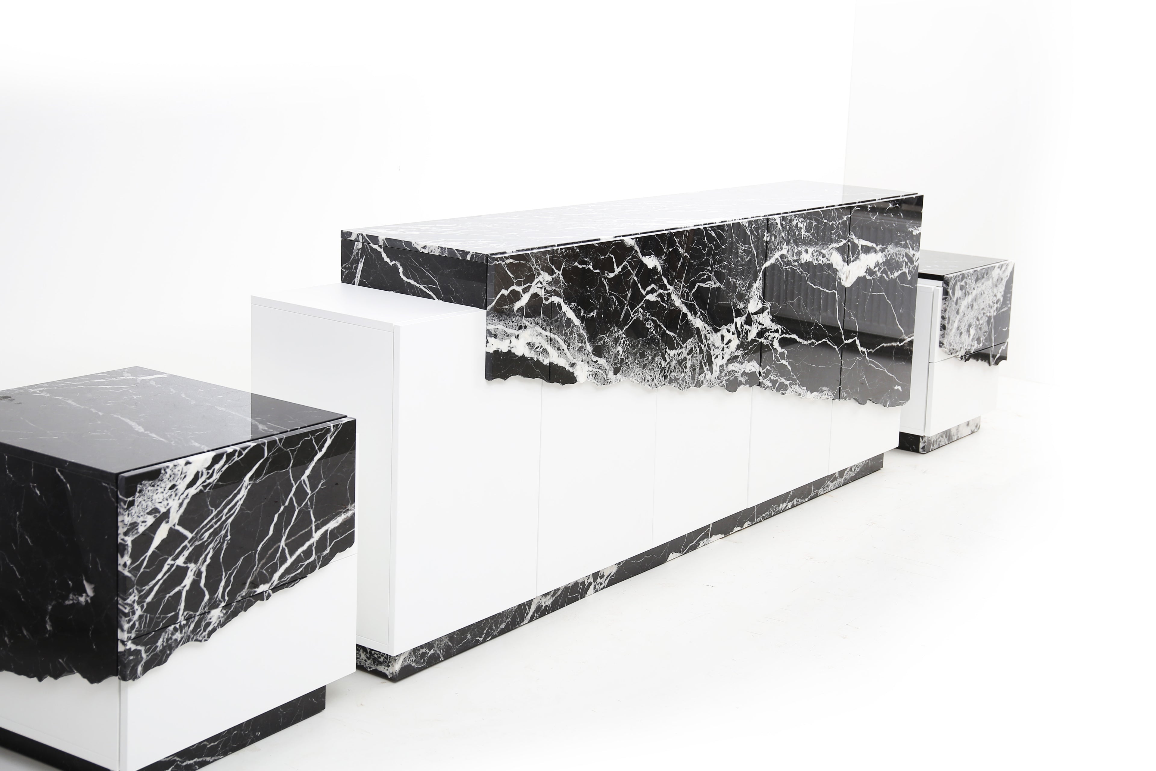 Gullfoss nightstand and sideboard in Nero Marquina marble and white lacquer finish by Hekla Property.