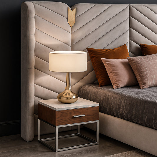 Modern bedroom interior featuring JOKLA Nightstand beside upholstered bed