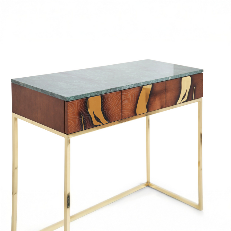 Elegant handcrafted console table combining oak wood grain with luminous brass accents and green marble.
