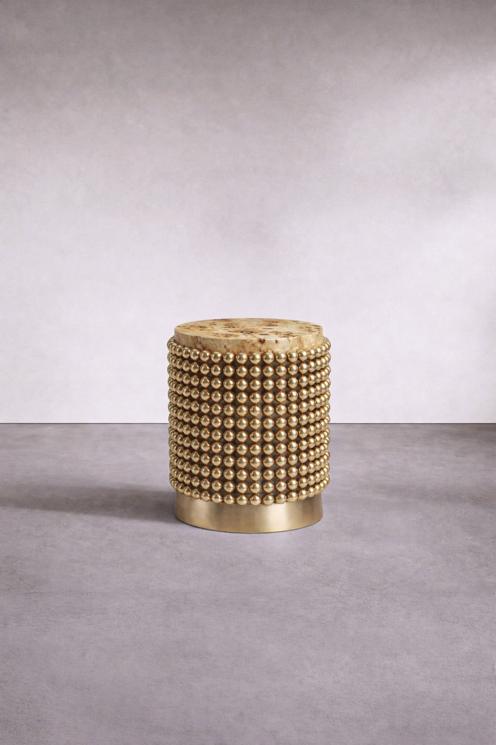 Contemporary designer side table in poplar burl veneer and gold spheres, designed by Railis Kotlevs
