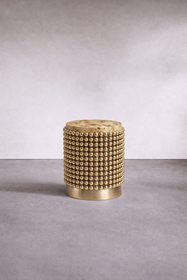 Contemporary designer side table in poplar burl veneer and gold spheres, designed by Railis Kotlevs