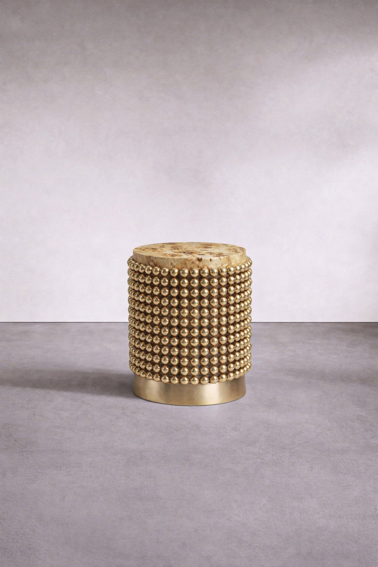 Contemporary designer side table in poplar burl veneer and gold spheres, designed by Railis Kotlevs