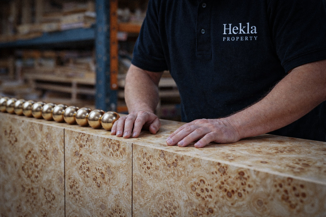 Person wearing a black 'Hekla Property' shirt leaning on a wood sideboard with gold spherical objects.