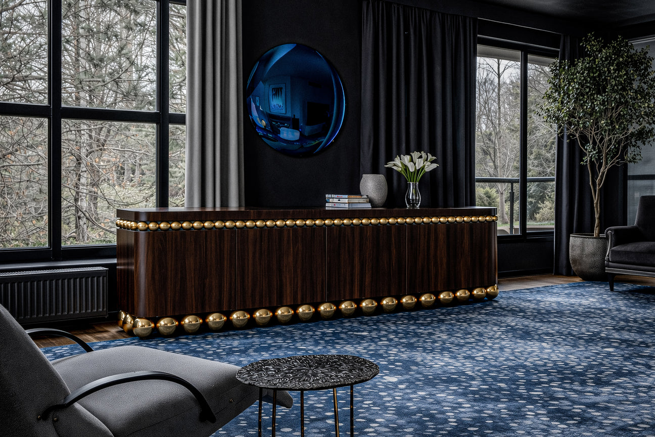 Lustra sideboard in wenge veneer with gold-plated stainless steel sphere base and trim