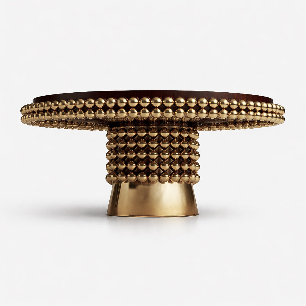 Close-up detail of the Lustra table edge showing the dark wood veneer and double row of polished gold spheres with reflective finish.