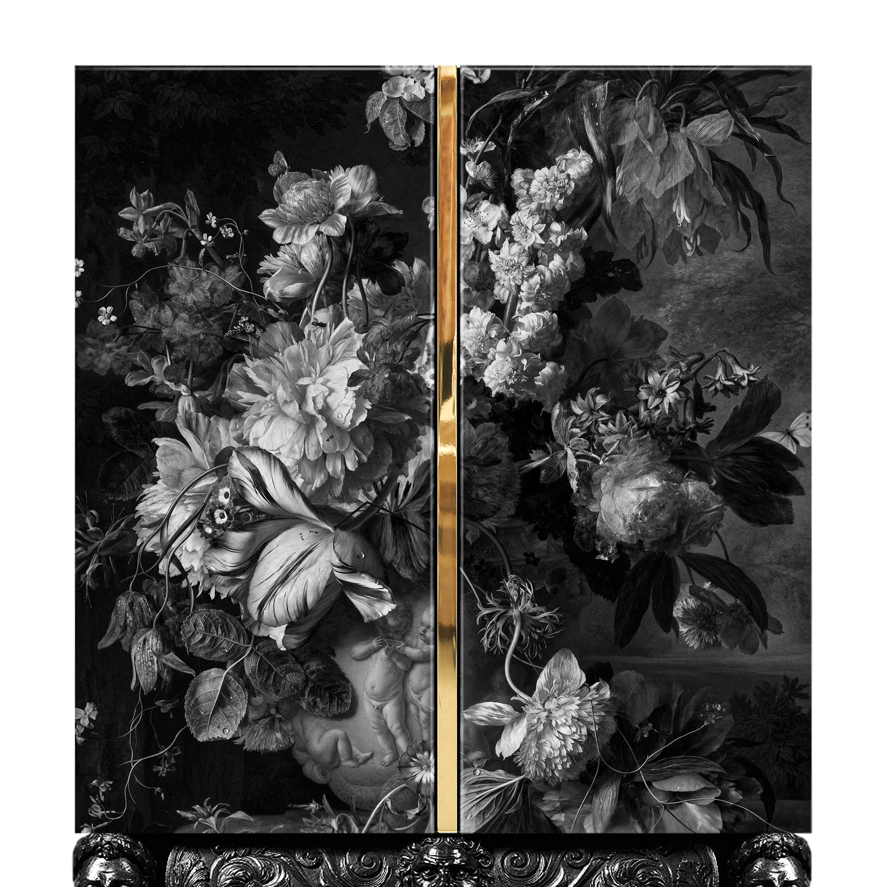 Elegant floral art cabinet with mirrored interior and glass shelves for stemware.