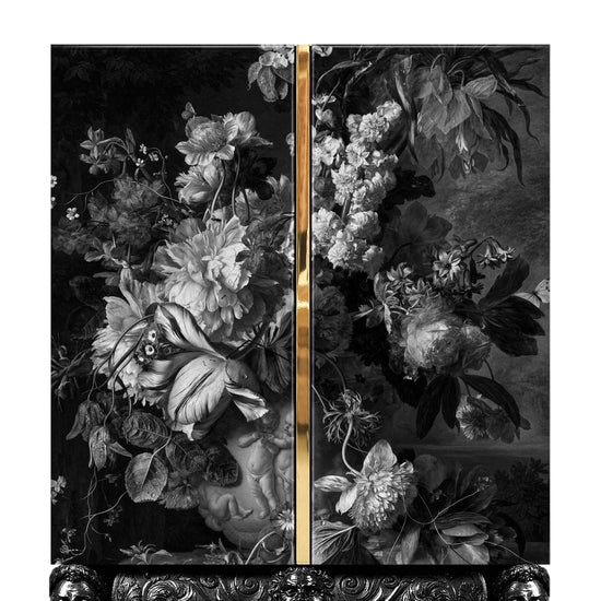 Elegant floral art cabinet with mirrored interior and glass shelves for stemware.