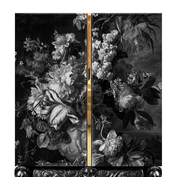 Elegant floral art cabinet with mirrored interior and glass shelves for stemware.