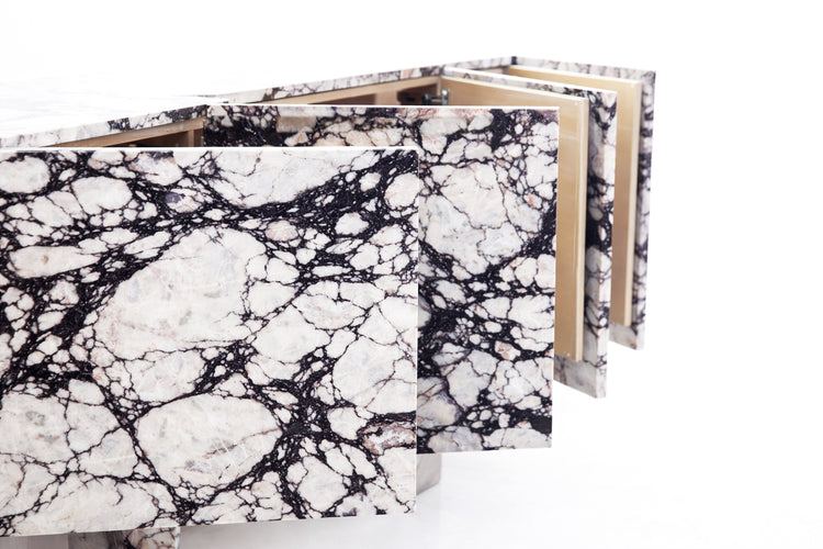 Sculptural marble sideboard in burgundy veined Calacatta Viola