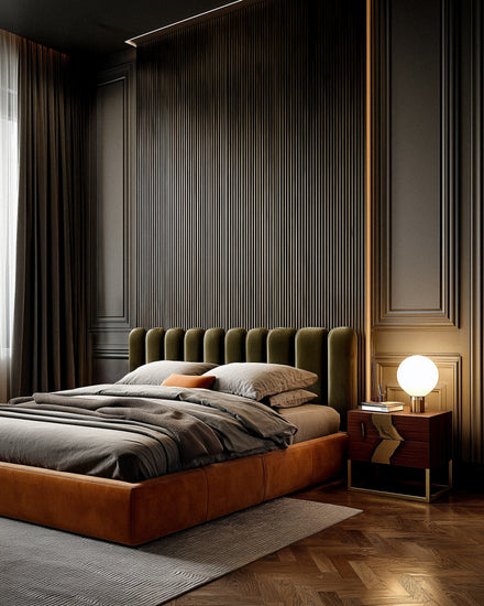 Laxa Nightstand in modern bedroom interior with walnut and brass details adding Art Deco elegance beside the bed.