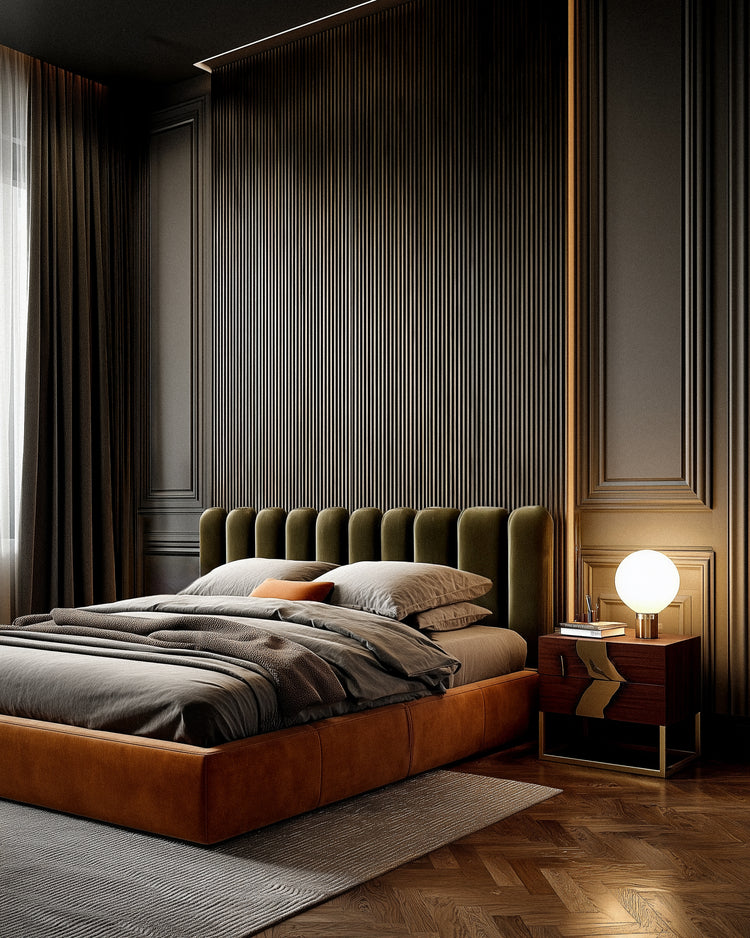 Laxa Nightstand in modern bedroom interior with walnut and brass details adding Art Deco elegance beside the bed.
