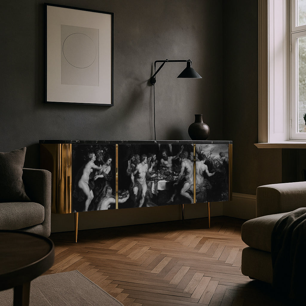 Sculptural sideboard blending classical artwork with modern craftsmanship.