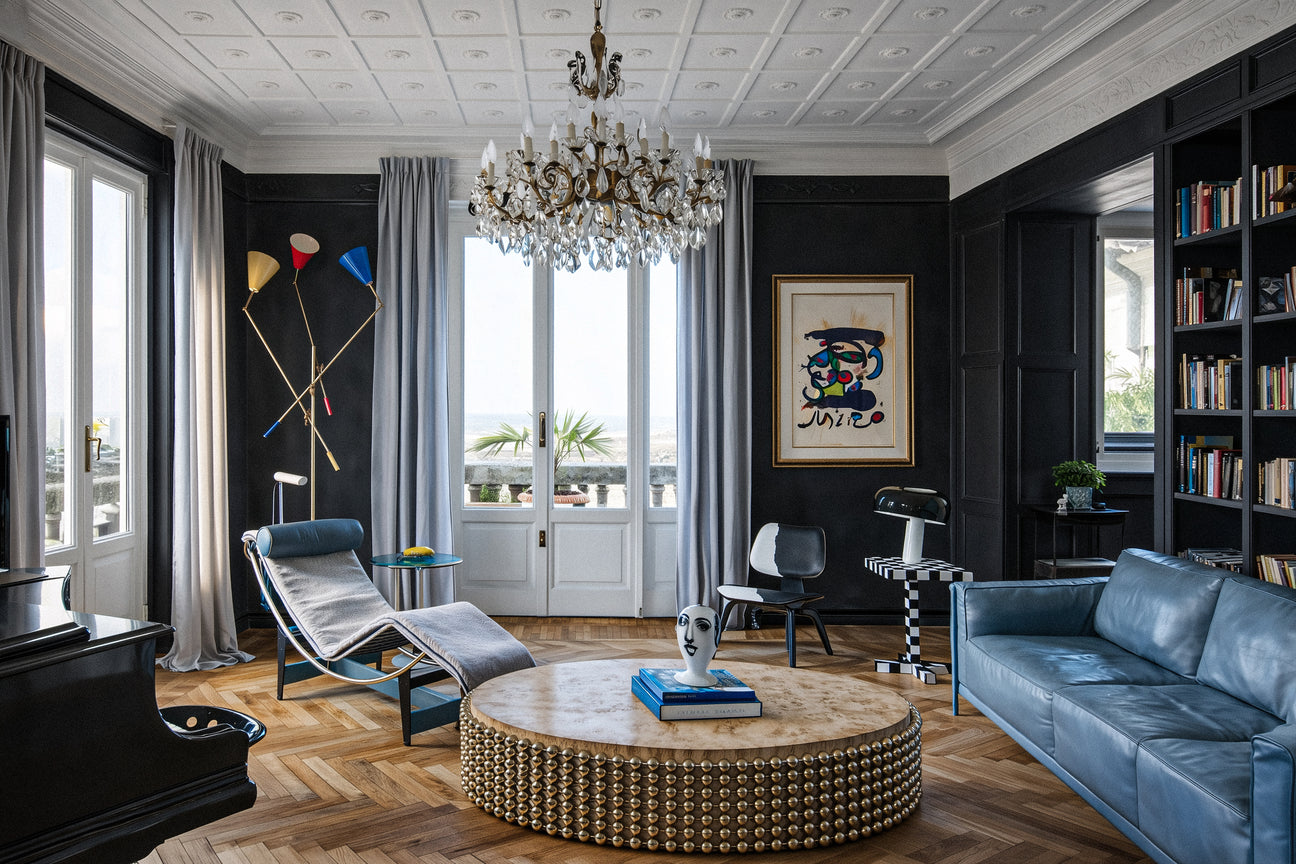 High-end coffee table with textured gold sphere base and unique burl wood pattern, designed by Railis Kotlevs