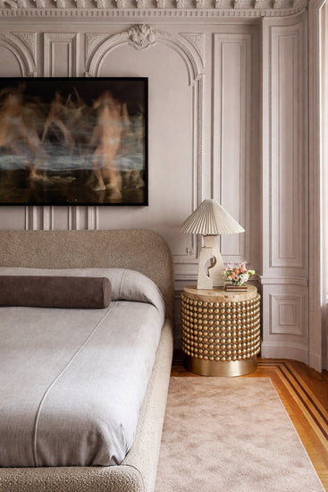 Architectural side table with gold sphere structure and organic burl wood top, designed by Railis Kotlevs
