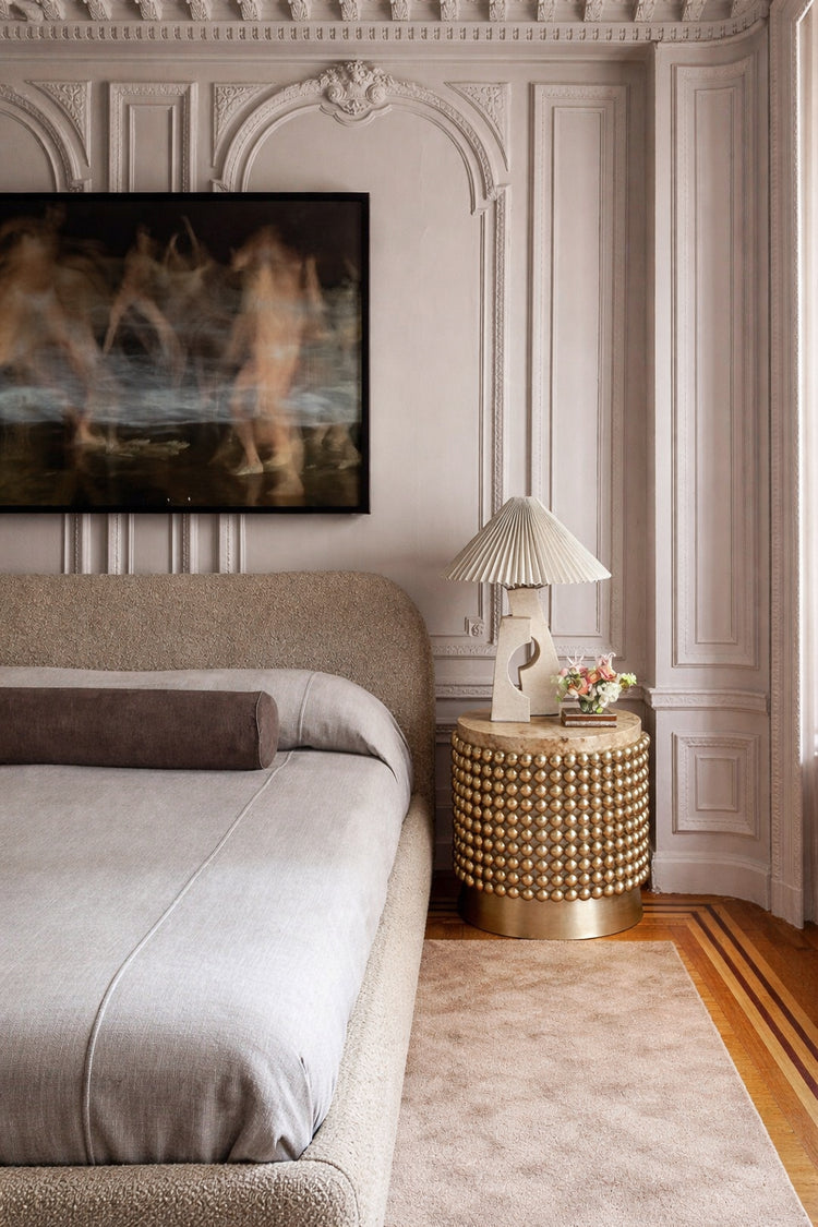 Architectural side table with gold sphere structure and organic burl wood top, designed by Railis Kotlevs