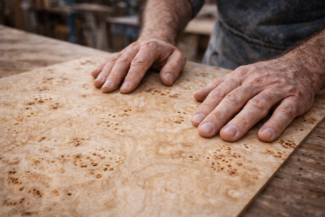 Close-up of a person's hands on a wooden surface with a blurred background