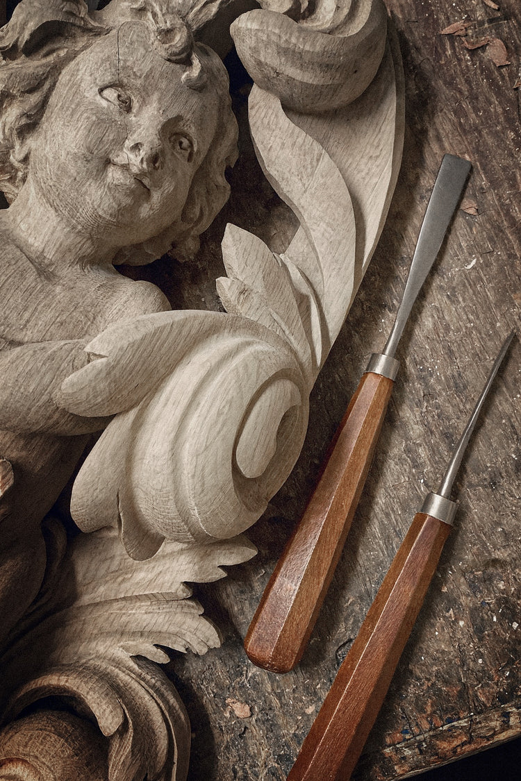 Hand-carved wooden cabinet inspired by European heritage craftsmanship.