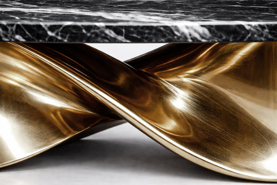 Black marble dining table with bold white veining and fluid gold metal pedestal base.