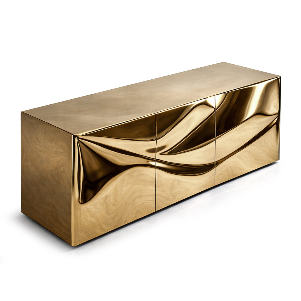 Frontal view of Radiance sideboard highlighting symmetrical proportions and sculpted facade.