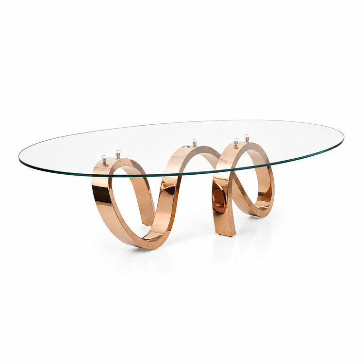 Contemporary sculptural coffee table with oval tempered glass top and artistic metal base.