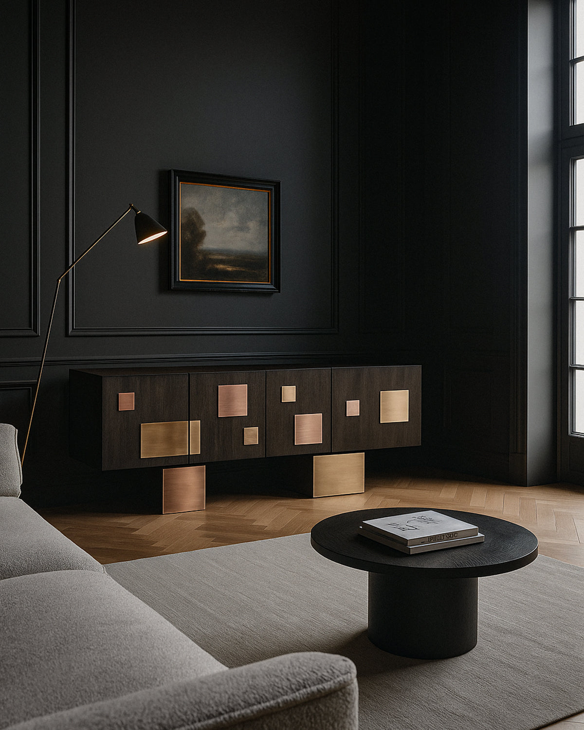 Elegant oak sideboard with warm copper and brass tones, perfect for modern or classic interiors.