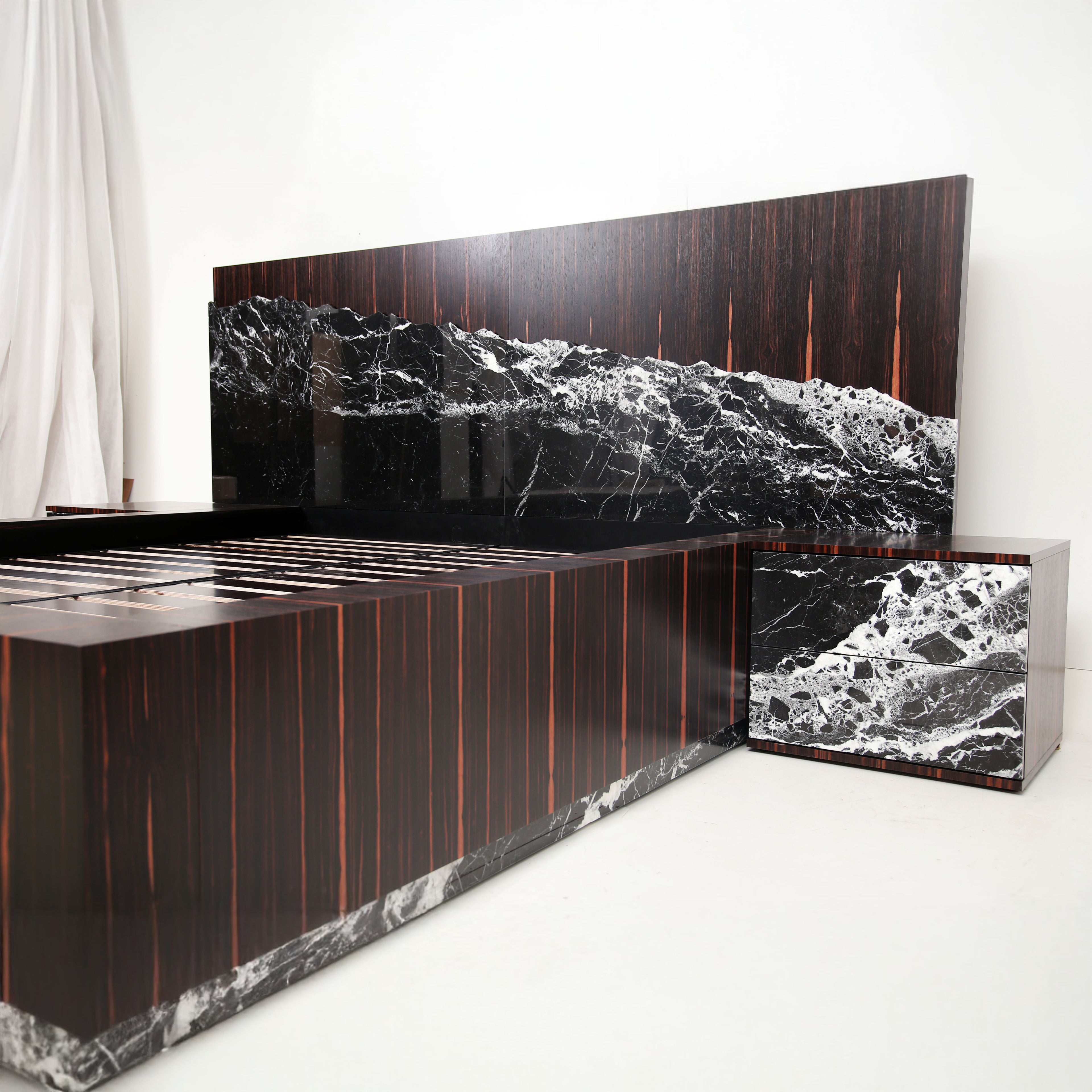 Contemporary designer bed inspired by Icelandic nature and European craftsmanship.