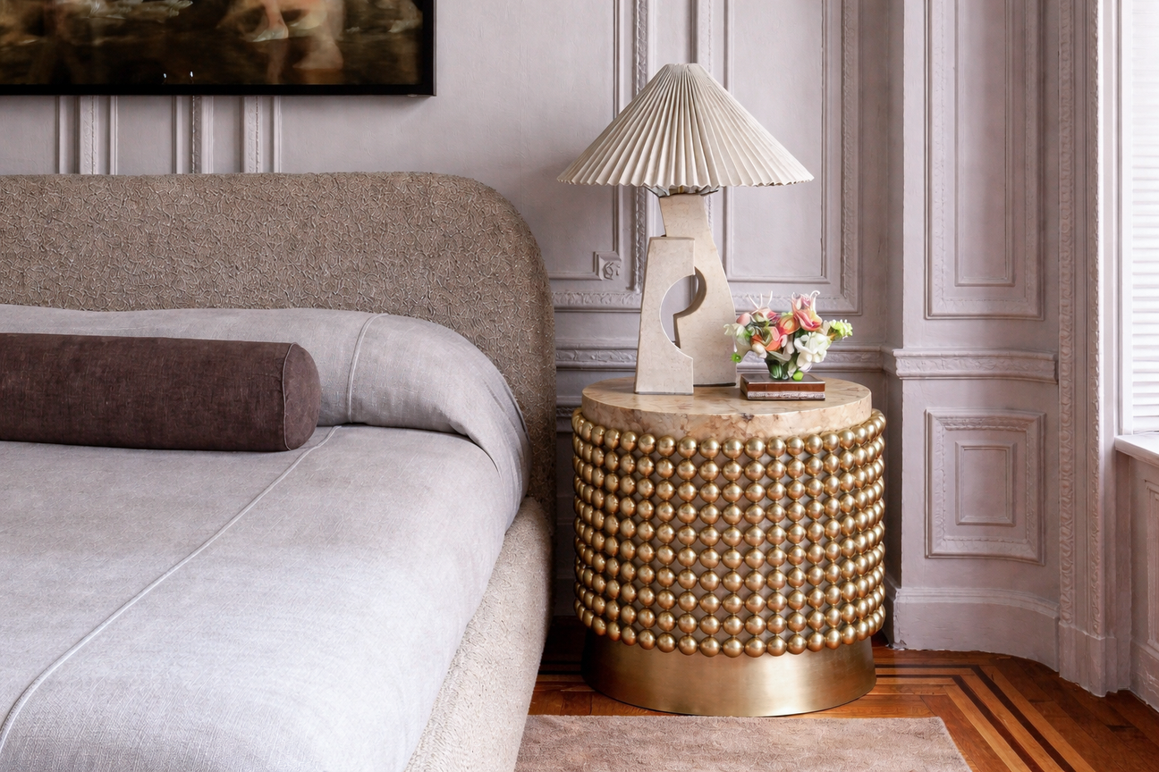 Architectural side table with gold sphere structure and organic burl wood top, designed by Railis Kotlevs