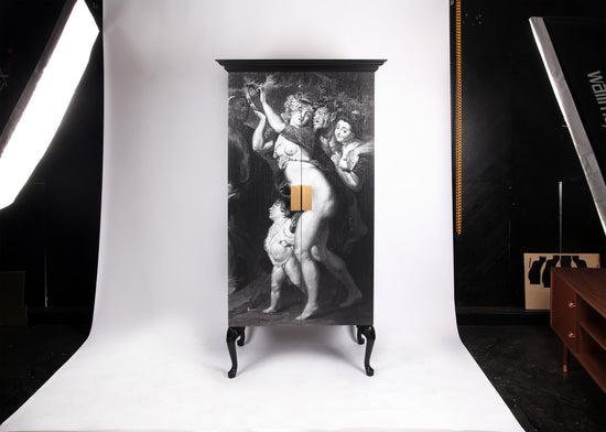 Designer wardrobe with brass accents and hand-carved wooden legs.