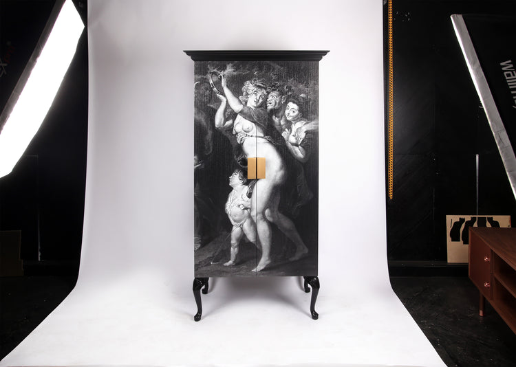 Designer wardrobe with brass accents and hand-carved wooden legs.