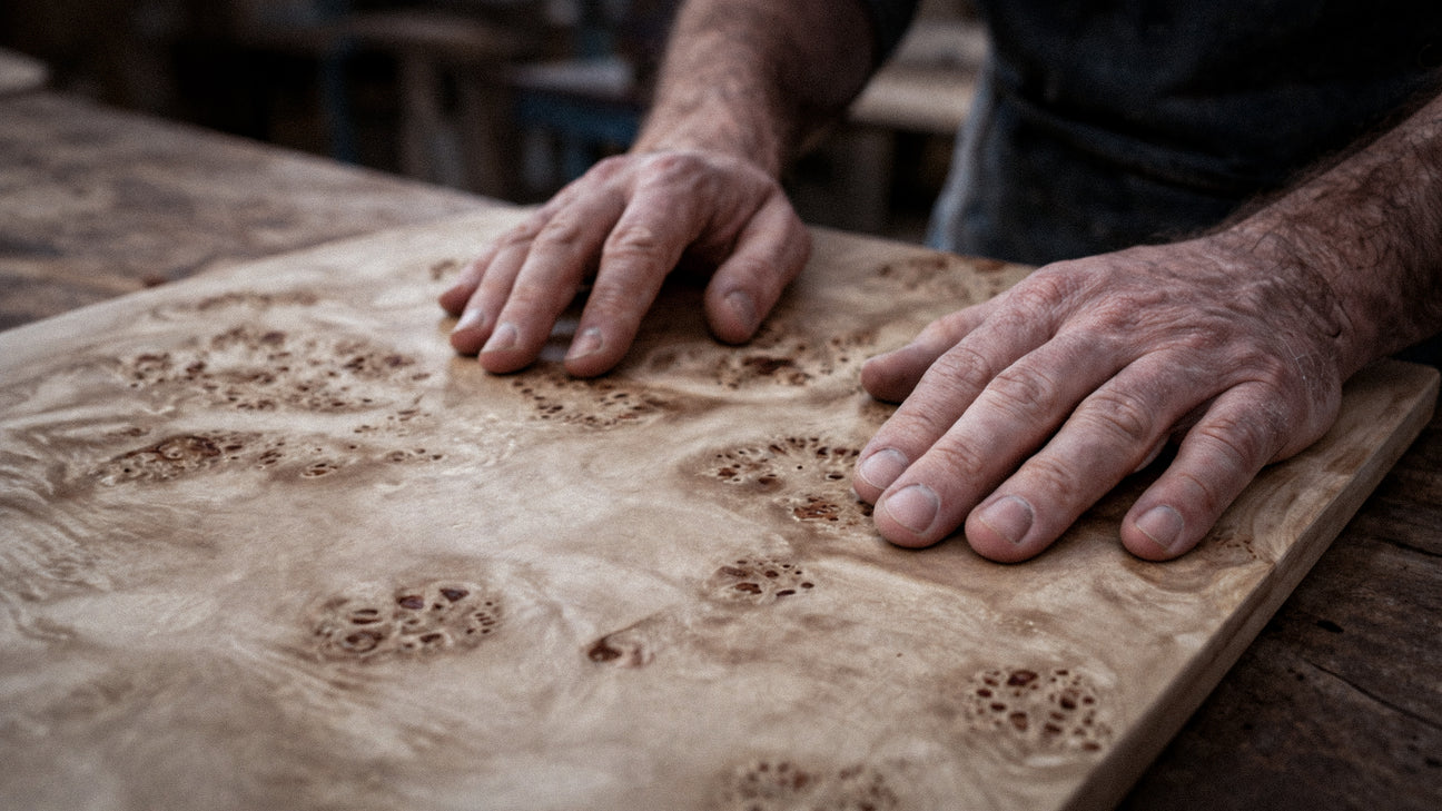 Close-up of hands working on a wooden surface with intricate patterns.