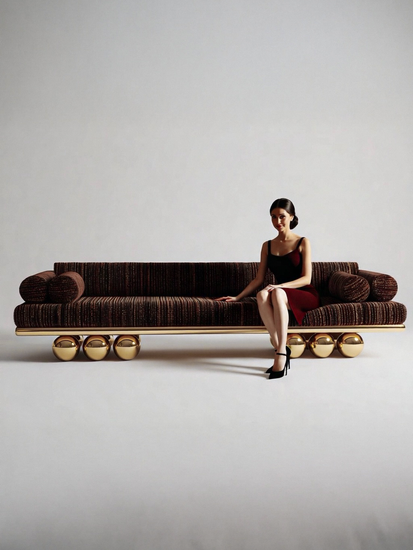 Handmade designer sofa with sculptural gold base and modern silhouette.