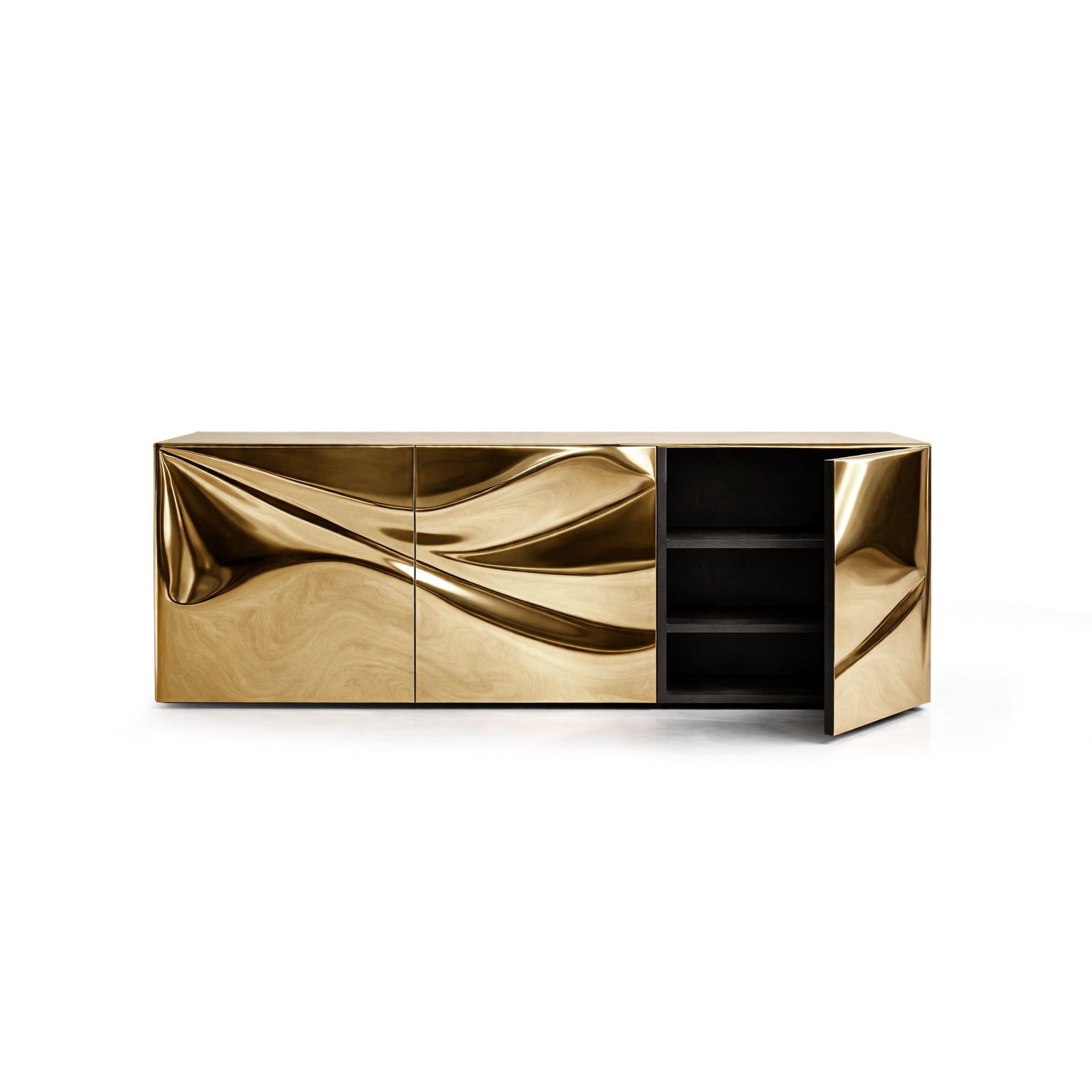 Detail shot of gold-plated stainless steel texture from Radiance furniture piece.